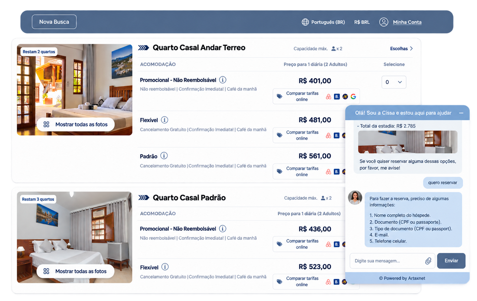 Agente de atendimento por IA em website hoteleiro Artaxnet para apoiar visitantes e reservas diretas