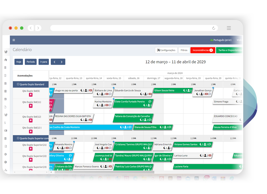 Calendário de reservas do Artaxnet Cloud PMS com controle de disponibilidade, check-in, check-out e status de hospedagem